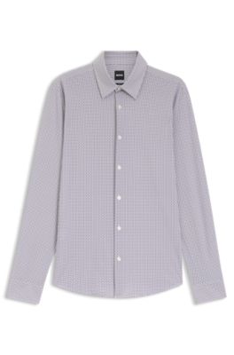 Printed slim-fit shirt in performance-stretch jersey, Khaki