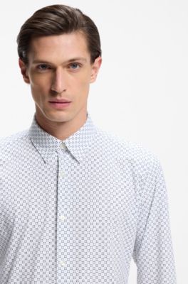 Printed slim-fit shirt in performance-stretch jersey, Dark Blue