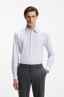 Printed slim-fit shirt in performance-stretch jersey, Dark Blue