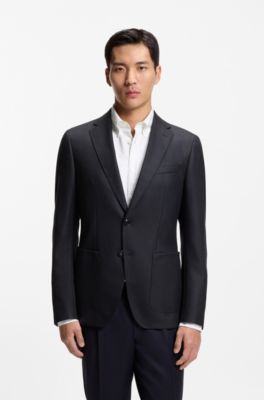 Blazer regular fit en lana virgen con motivo, Azul oscuro