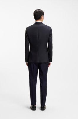 Blazer regular fit en lana virgen con motivo, Azul oscuro