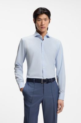Camisa slim fit en tejido el&aacute;stico t&eacute;cnico a cuadros, Celeste