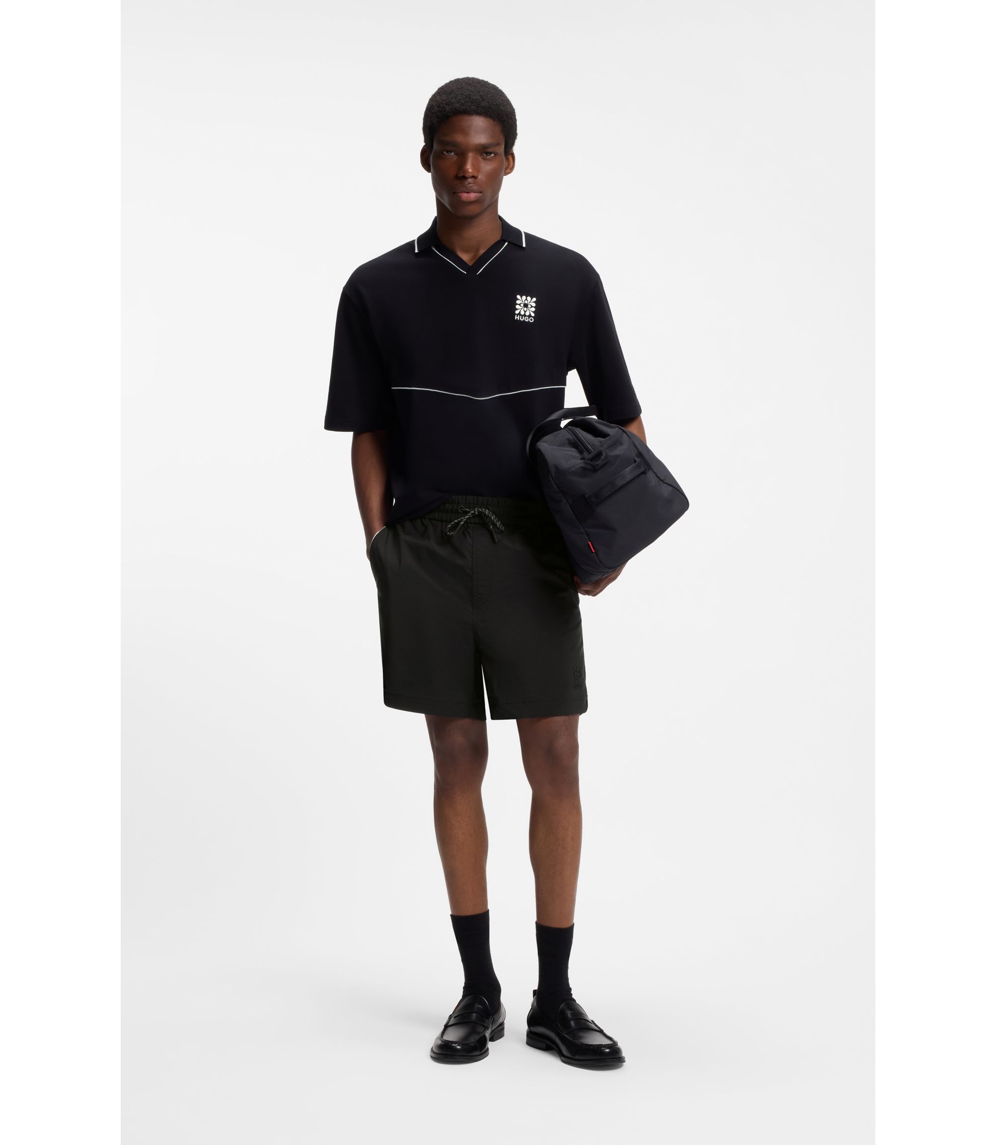 HUGO - Contrast-piping shorts with water-repellent finish - Black
