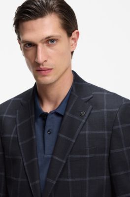 Checked regular-fit jacket in comfort-stretch cloth, Dark Blue
