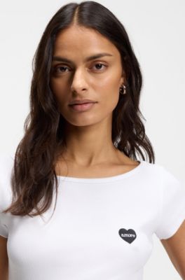 Camiseta de algod&oacute;n el&aacute;stico slim fit con ilustraci&oacute;n, Blanco