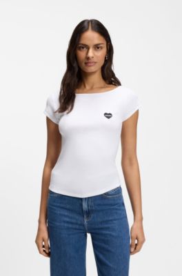 Camiseta de algod&oacute;n el&aacute;stico slim fit con ilustraci&oacute;n, Blanco