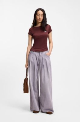Stretch-cotton slim-fit T-shirt with artwork, Dark Brown