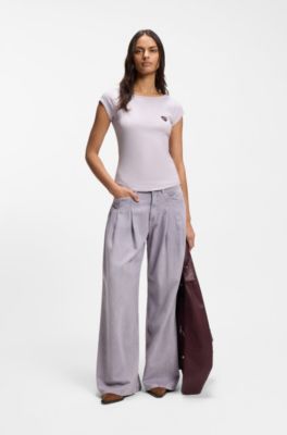 Stretch-cotton slim-fit T-shirt with artwork, Light Purple