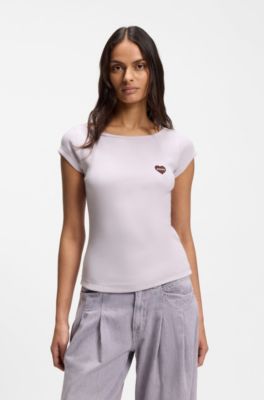 Stretch-cotton slim-fit T-shirt with artwork, Light Purple