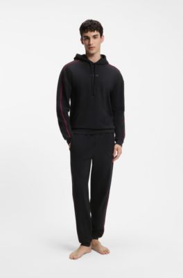 Contrast-piping hoodie in stretch cotton, Black