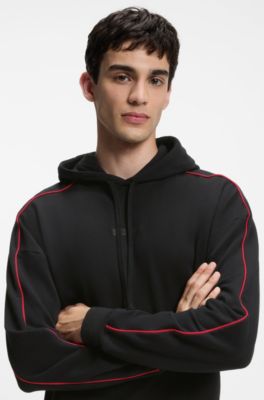 Contrast-piping hoodie in stretch cotton, Black
