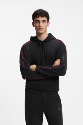 Contrast-piping hoodie in stretch cotton, Black
