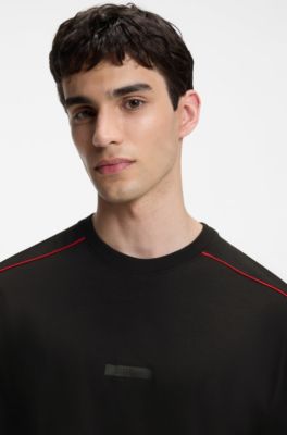 Contrast-piping T-shirt in stretch cotton, Black
