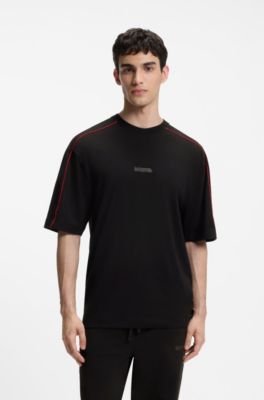 Contrast-piping T-shirt in stretch cotton, Black