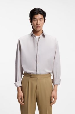 Camisa relaxed fit de popel&iacute;n de algod&oacute;n a rayas, Caqui