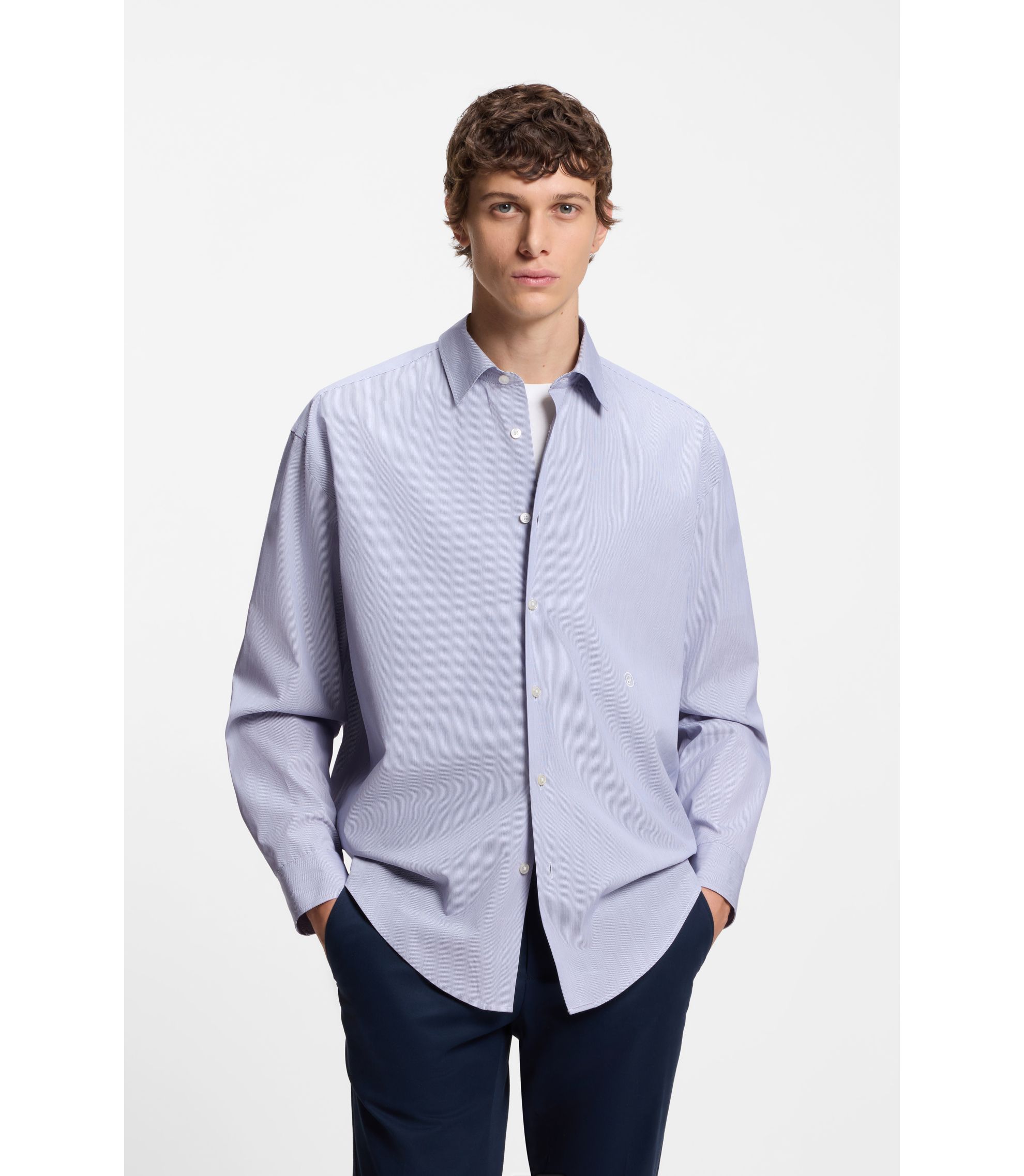 BOSS - Striped relaxed-fit shirt in cotton poplin - Dark Blue