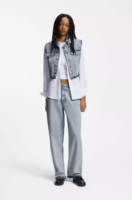 Cropped sleeveless vest in azure-blue denim