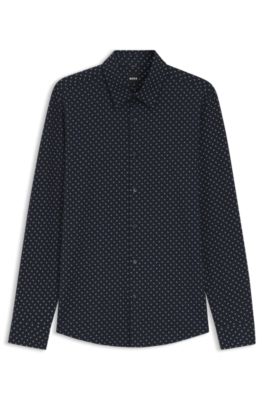 Printed slim-fit shirt in a cotton blend, Dark Blue