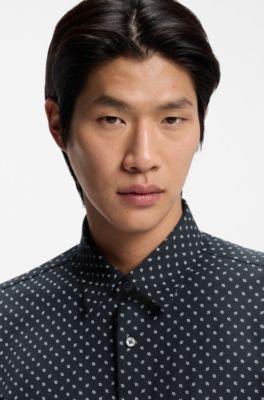 Printed slim-fit shirt in a cotton blend, Dark Blue