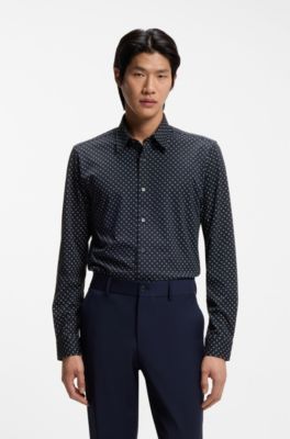 Printed slim-fit shirt in a cotton blend, Dark Blue