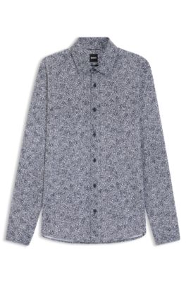 Printed slim-fit shirt in a cotton blend, Dark Blue