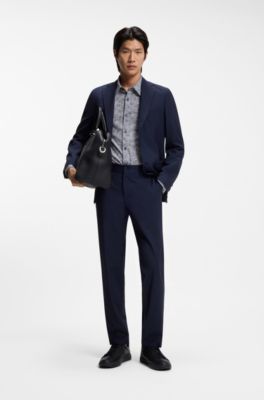 Printed slim-fit shirt in a cotton blend, Dark Blue