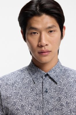 Printed slim-fit shirt in a cotton blend, Dark Blue