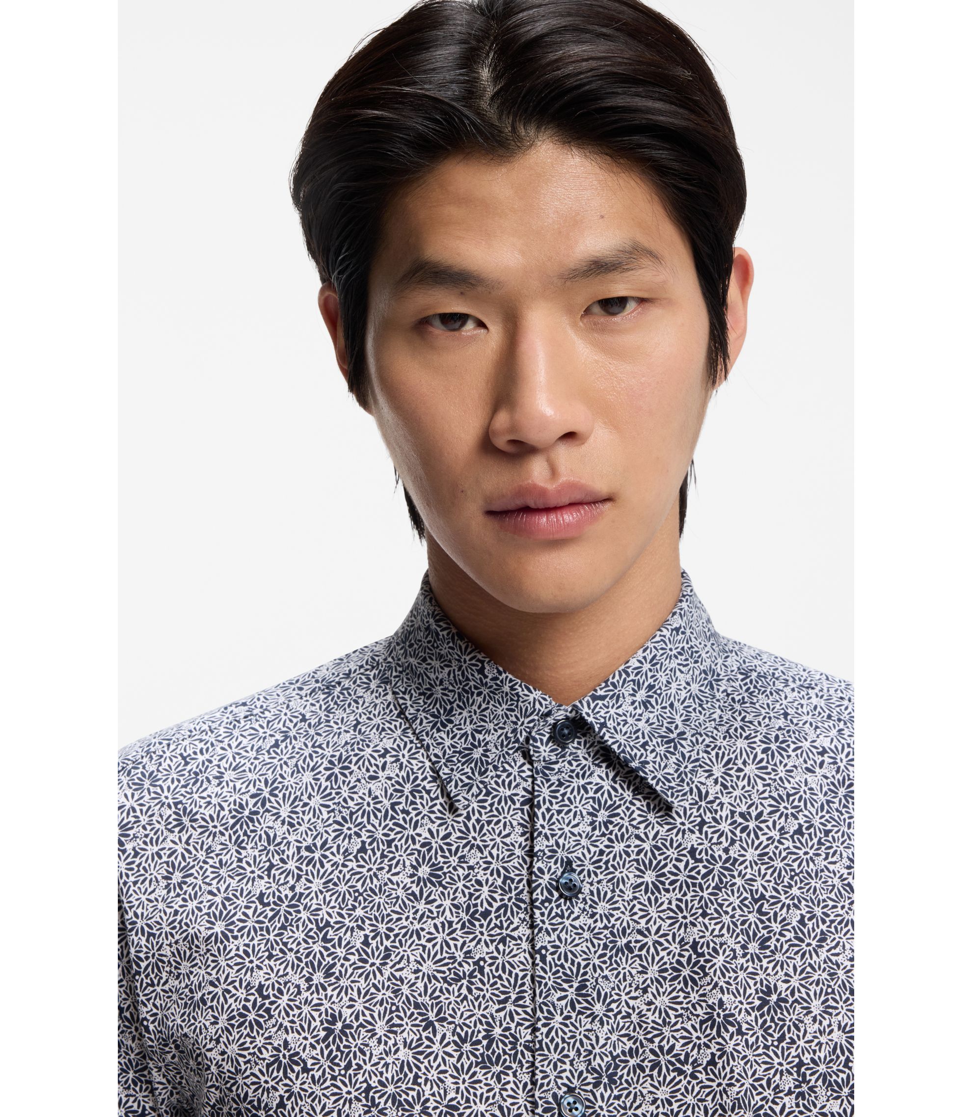 BOSS - Printed slim-fit shirt in a cotton blend - Dark Blue