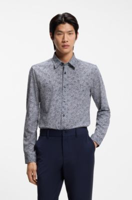 Printed slim-fit shirt in a cotton blend, Dark Blue