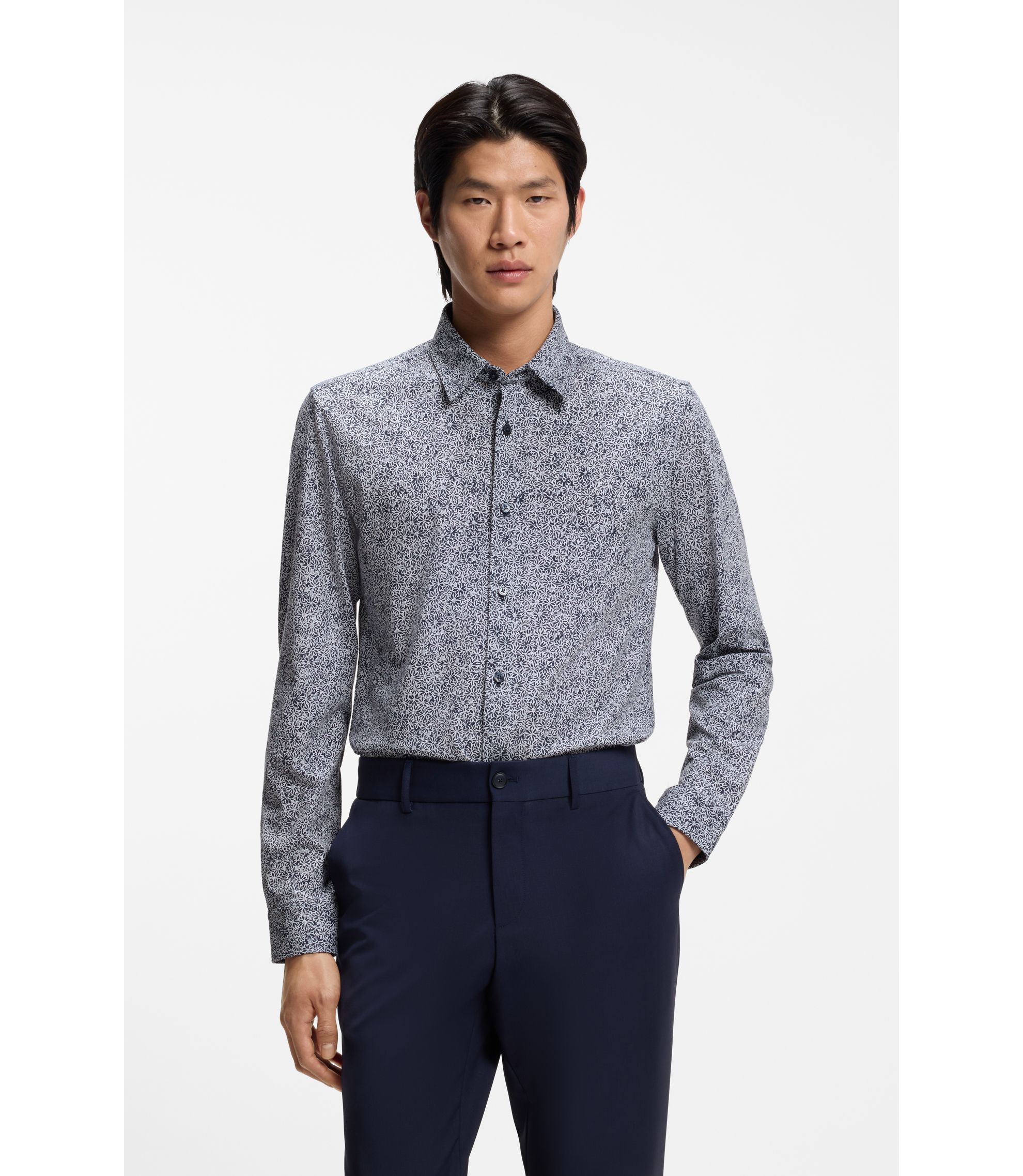 BOSS - Printed slim-fit shirt in a cotton blend - Dark Blue