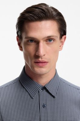 Camisa slim fit en punto el&aacute;stico t&eacute;cnico hecho en Italia, Azul oscuro
