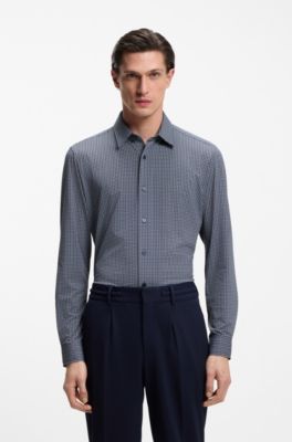 Slim-fit shirt in Italian-made performance-stretch jersey, Dark Blue