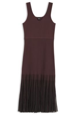 Rib-knit dress with sheer pleating, Dark Brown