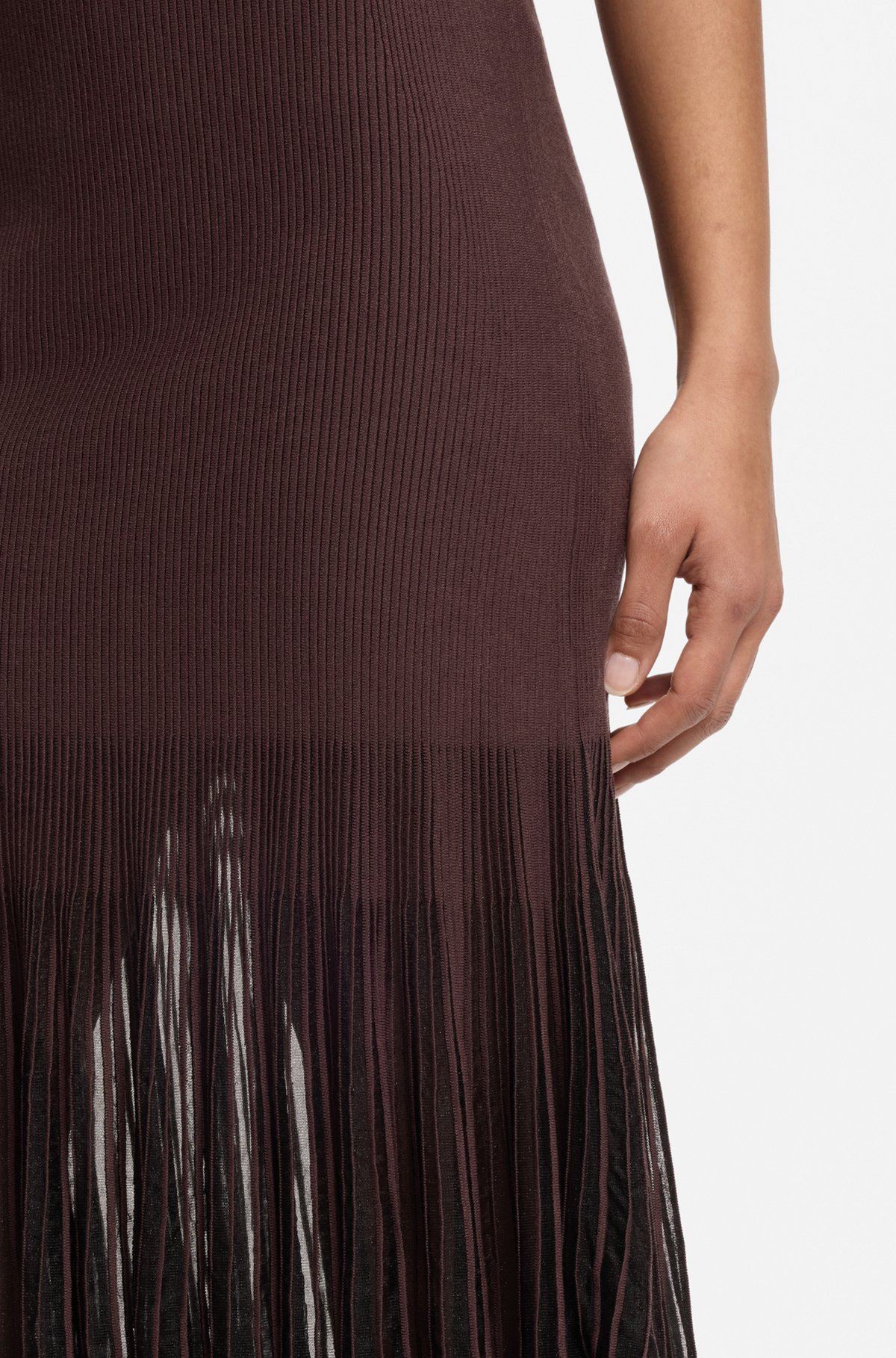 knitted pleated dress Gradient Splicing Belted Knit in Black Black XS Mock neckline Long sleeves Twisted open back Lightly The Pleated Knit Dress