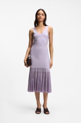 Rib-knit dress with sheer pleating, Light Purple