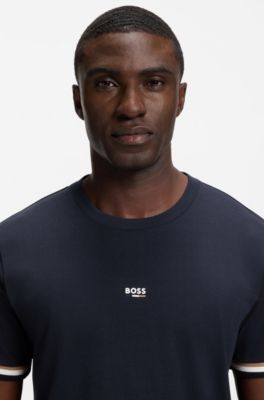 Cotton-blend T-shirt with logo and signature stripes, Dark Blue