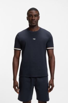 Cotton-blend T-shirt with logo and signature stripes, Dark Blue