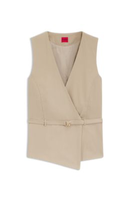 Belted regular-fit vest in cotton and hemp, Light Brown
