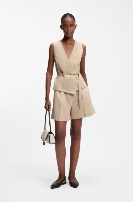 Belted regular-fit vest in cotton and hemp