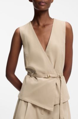 Belted regular-fit vest in cotton and hemp, Light Brown