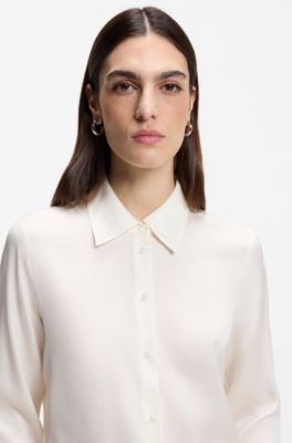Chemisier Regular en satin de soie stretch, Blanc