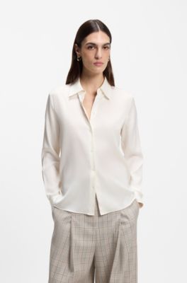 Blusa regular fit de sat&eacute;n de seda el&aacute;stica, Blanco