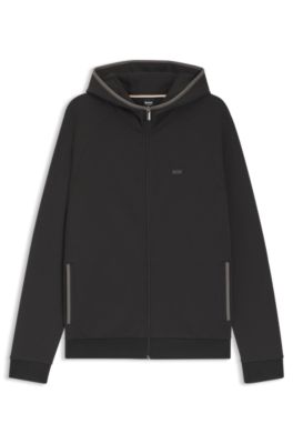 Sweat &agrave; capuche zipp&eacute; en coton m&eacute;lang&eacute; avec bordure contrastante, Noir