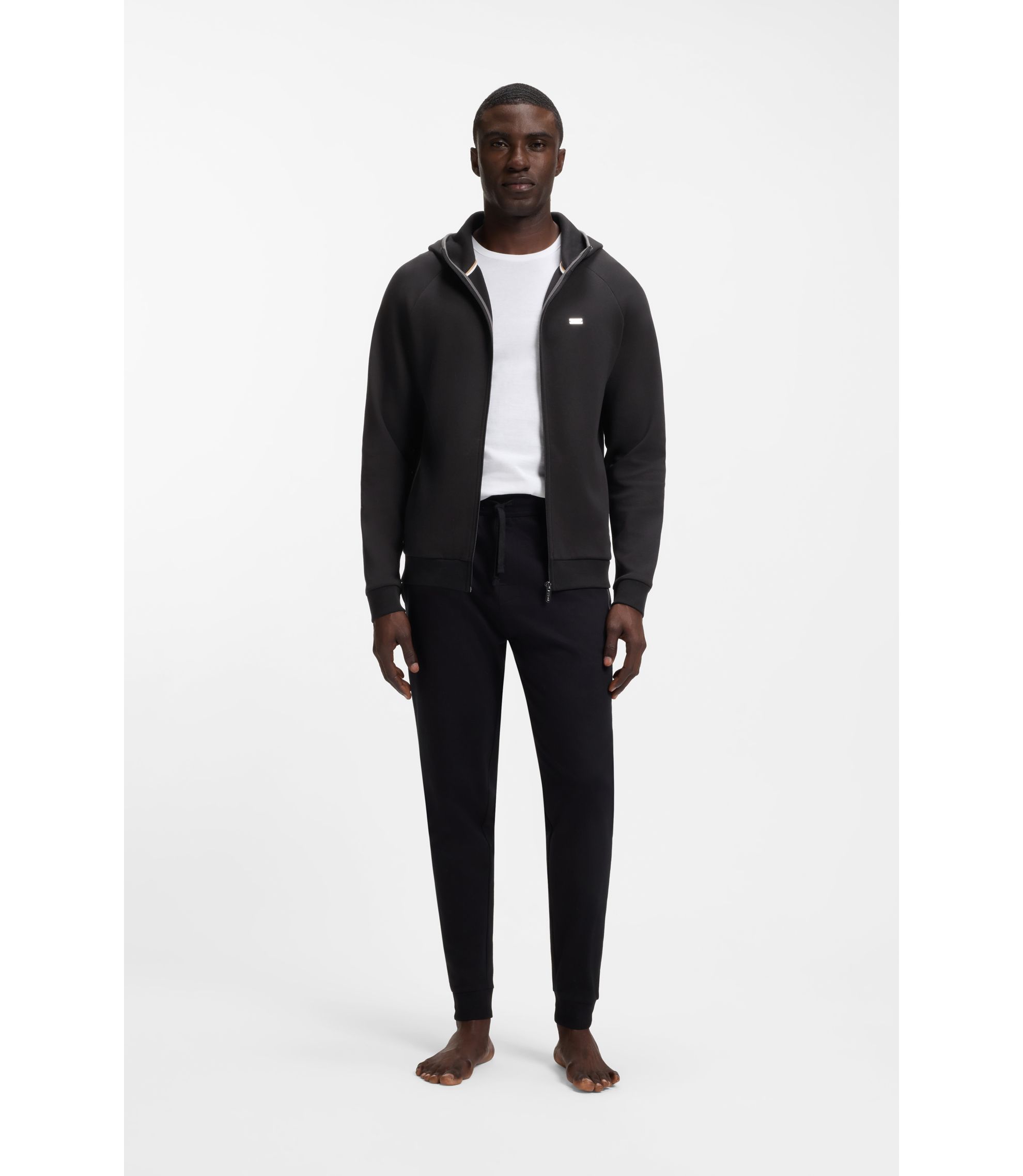 BOSS - Contrast-binding zip-up hoodie in a cotton blend - Black