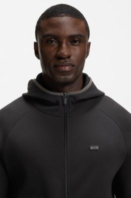 Sweat &agrave; capuche zipp&eacute; en coton m&eacute;lang&eacute; avec bordure contrastante, Noir