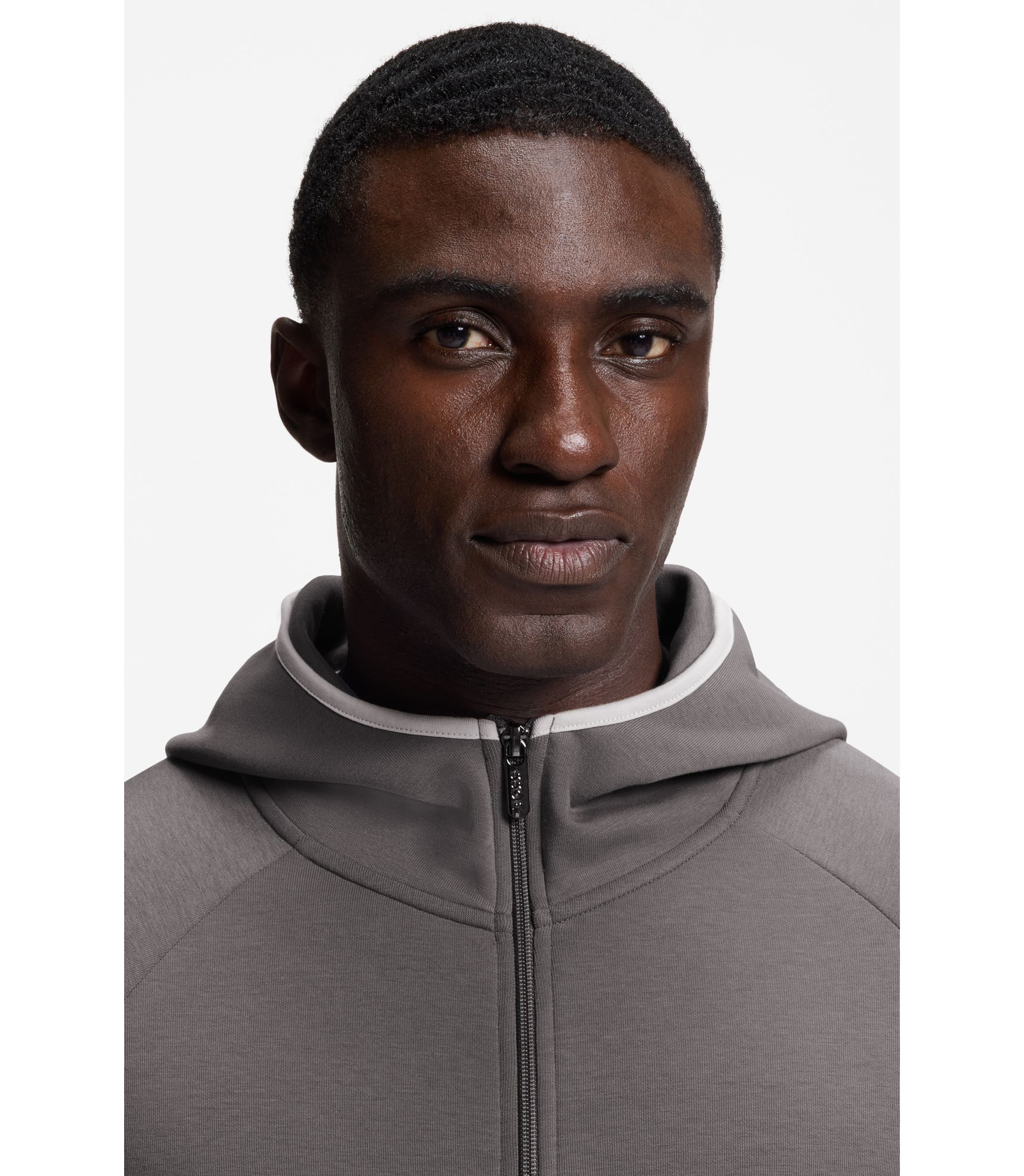 BOSS - Contrast-binding zip-up hoodie in a cotton blend - Dark Grey