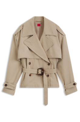 Short trench jacket in cotton and linen, Light Brown