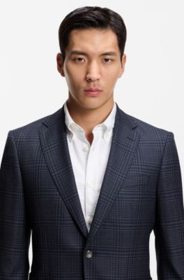 Checked slim-fit jacket in virgin wool, Light Blue