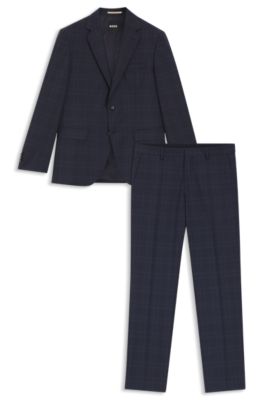 Traje regular fit de dos piezas en lana virgen a cuadros, Azul oscuro