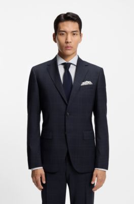 Costume deux pi&egrave;ces Regular en laine vierge &agrave; carreaux, Bleu fonc&eacute;